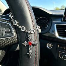 Red Heart Cross Pendant Car Rearview Mirror Accessory, Transparent Chain Paired With Red Heart Cross Pendant Retro Fashionable Car Interior Decoration, The Best Choice For Holiday Gifts - Cross - View 5