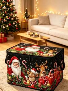 Christmas Zipper Storage Box, Santa Claus & Reindeer Print, Dual Handles, Large Size (42cm*30cm*30cm) Foldable Holiday Storage Bin, Dust-Proof Rectangular Storage Container, Suitable For Christmas Decorations, Gift Wrapping, Clothing, Wardrobe, Bedroom And Christmas Party Home Decor - Multicolor - View 2