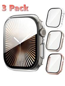 3入 3合1 鋼化玻璃螢幕保護膜保護殼，適用 49mm/46mm/42mm/45mm/44mm/41mm/40mm，超薄全包覆硬 PC 防刮高畫質防撞保護殼，適用 Series 12/11/10/9/8/SE2/7/6/SE/5/4/3/2/1 - 星光+玫瑰金+透明 - 查看 23