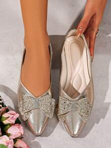 Women's Elegant Versatile Bow Pointed Toe Thin Sole Flat Shoes - Gold - View 3