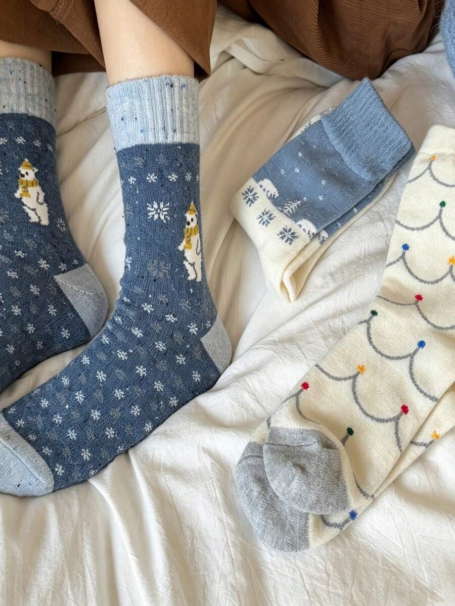 1/4/8Pairs Mixed Pack Fair Isle Socks Women'S Autumn Winter Mid-Calf Socks Christmas Warm Thick Socks - Multicolor - View 1