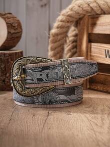 1pc Men's Belt, Vintage Western Buckle, PU Leather Strap, Embossed, Contrast Color Design, Cargo Style Style, Suitable For Daily Casual Or Pairing With Jeans - BH1242 - View 14