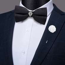 Men's Simple Black Bow Tie Set, 3Pcs Detachable Rhinestone Ring & Boutonniere, Formal Wedding Accessories - Black - View 2
