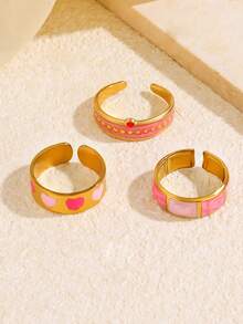 3pcs Stainless Steel Pink Personalized Elegant Geometric Bamboo Joint Heart Rings Set, Suitable For Women's Daily, Holiday, Date, Shopping Wear - Multicolor - View 4