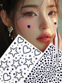 2 Lembar Stiker Permata Bintang Hati Perekat Sendiri Stiker Rhinestone untuk Aksesoris Rave Pesta Festival Y2K Riasan Panggung DIY - Hitam - View 4