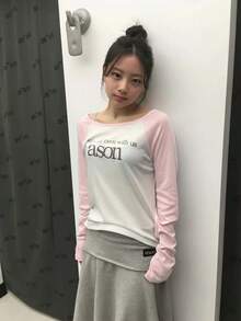 美式字母印花復古拼色插肩袖長袖T恤 - 粉色 - 查看 3