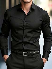 Men's Black Winter Basic Business Casual Office Turn-Down Collar Solid Color Button-Up Long Sleeve Shirt, Formal Autumn Old Money Style Commuter Wear, Holiday Gift For Men - Black - View 1