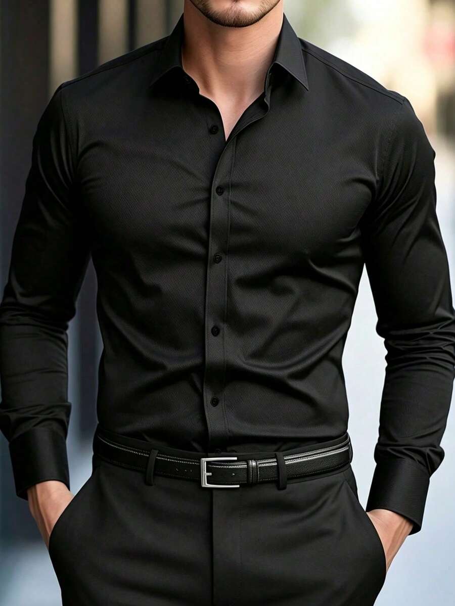 Men's Black Winter Basic Business Casual Office Turn-Down Collar Solid Color Button-Up Long Sleeve Shirt, Formal Autumn Old Money Style Commuter Wear, Holiday Gift For Men - Black - View 1