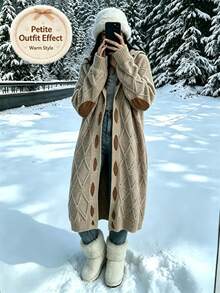 Women's Boho Open Front Long Cardigan,Cable Knit Patchwork Elbow Patch Loose Fit Sweater Coat For Fall&Winter /Going Outfit/Office/Work/Helloween - Pink - View 4