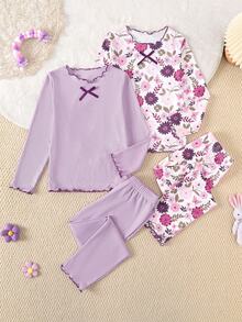Girls 4-Piece Casual Home Pajama Set, Wavy Ruffle Collar With Small Bow Design, Vintage Large Ditsy Floral, Ribbed Fabric Long Sleeve Top And Pants, Comfortable Minimalist Children's Sleepwear - Purple - View 2