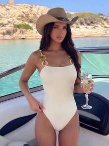 HaiiMeid Women's Elegant Solid Color One-Piece Swimsuit With Beaded Chain Shoulder Straps, Suitable For Beach Vacation Summer - Beige - View 8