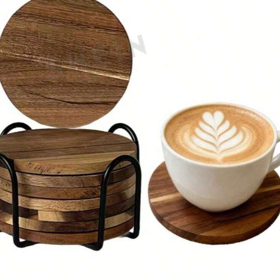 Set Tatakan Gelas Kayu Akasia 3pcs/8pcs dengan Tempat Penyimpanan, Tatakan Gelas Minuman Dekorasi Rumah Bar Meja Kopi Bergaya Rustik Modern, Alas Pelindung Meja Tahan Panas, Alas Minuman Kayu Alami Buatan Tangan, Aksesoris Dapur untuk Berkemah dan RV di Luar Ruangan - MultiWarna - View 1