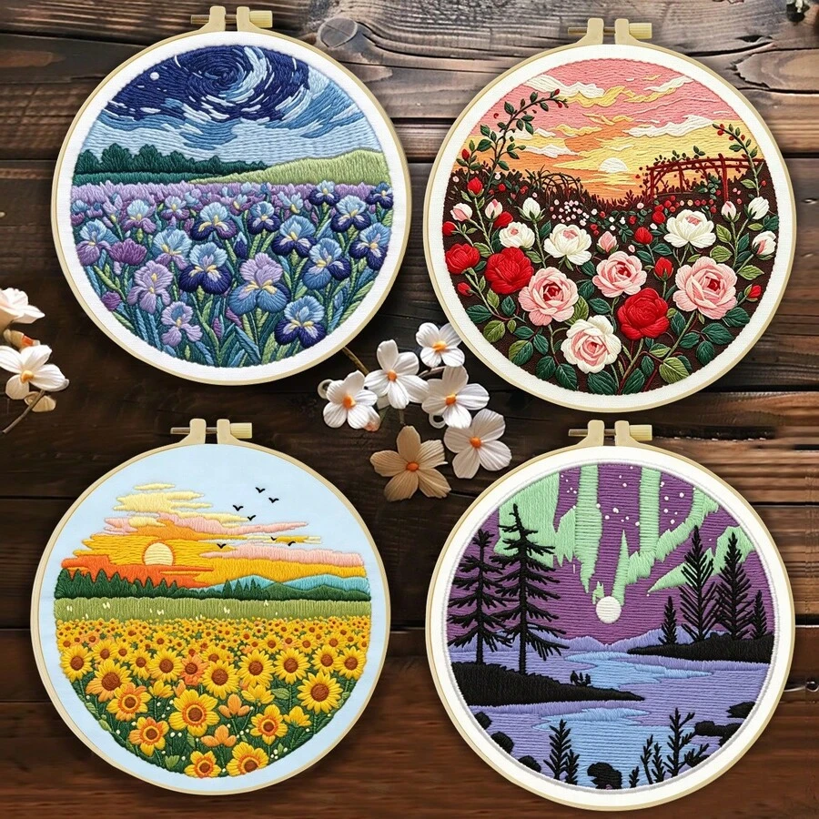 Embroidery Set, 20x20cm/7.9x7.9 Inches, Rural Scenery, 2D Flat Printing Handmade DIY Beginner Embroidery Set, Including Embroidery Cloth,Instruction Manual,Embroidery Frame And Needle And Thread, Handmade Artwork As A Gift For Friends Or Famil