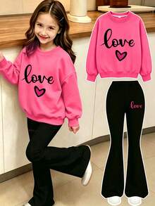 2pcs/Set Girls Heart Print Crew Neck Sweatshirt + Flared Pants, Autumn/Winter Fashion Comfortable Clothing - Multicolor - View 1