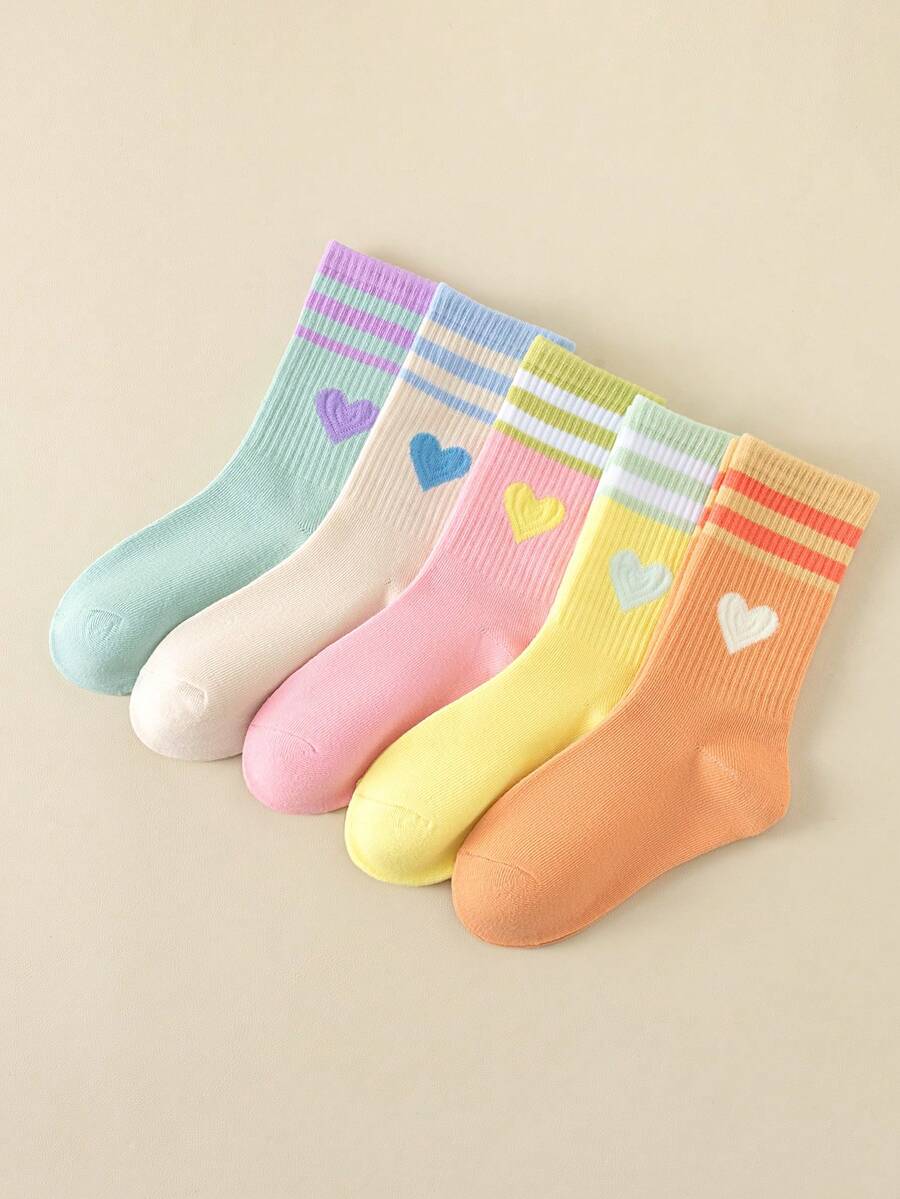 5 Pairs Cute Sweet Colorful Heart-Themed Mid-Calf Socks, Sporty Casual Style, Versatile Fashionable Design Suitable For All Seasons, Soft Comfortable Breathable Non-Stuffy, Specially Designed For Students, Perfect For Daily Wear - Multicolor - View 1
