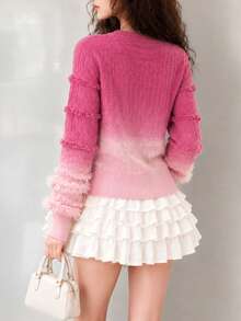 Women's Autumn/Winter Casual Elegant Gradient Design Frayed Hem Cardigan Sweater - Pink - View 2