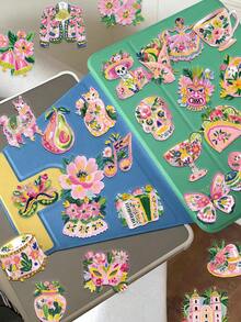 50pcs Mexican Folk Art Stickers For Decorating Planner, Journal, Scrapbook, Notebook, Luggage, Guitar, Skateboard, Manual, Tablet, Water Bottle, Phone - Pink - View 3