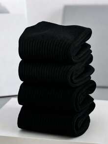 Men's Crew Socks, Black Ribbed Design, Soft Breathable Moisture Wicking Business Casual Socks For Office, Work & Everyday Wear - Black - View 6