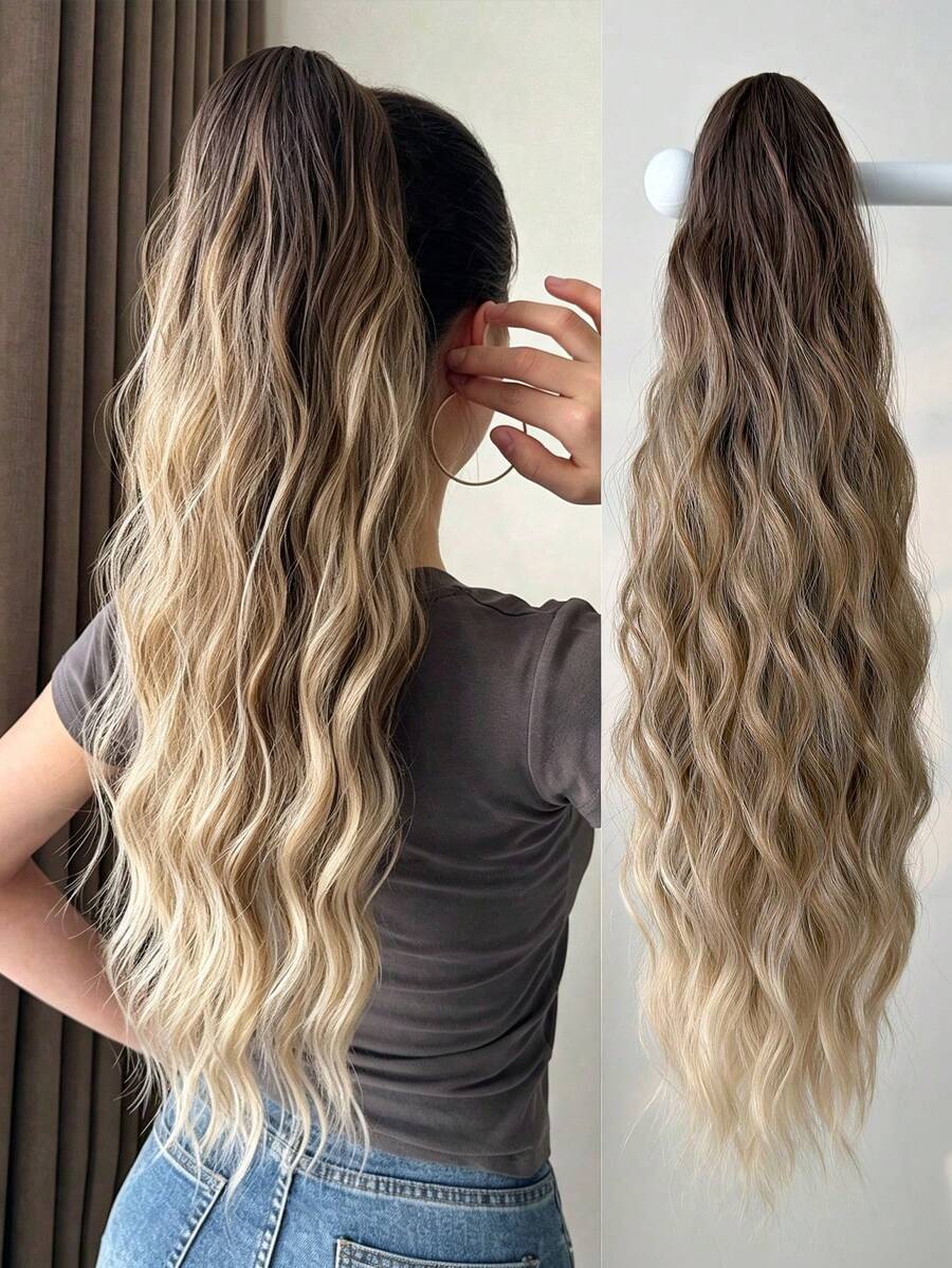 HEYPINK 26 Inch Brown Drawstring Clip-In Ponytail Extension, Long Natural Wavy Heat-Resistant Synthetic Fiber Ponytail Wig, Suitable For Women's Daily Wear, Halloween