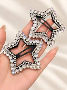 topshiny 2pcs Rhinestone Trim Hair Clips For Women, New High-End Style Frontal Hair Clips, Hair Pins For Bangs And Loose Hair, Five-Pointed Star - Multicolor - View 8