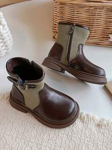 Kids Vintage Splicing Ankle Boots, Fashion Fabric & Smooth Texture Shoes With Single Buckle & Side Zipper, Non-Slip Chunky Sole Casual Walking Boots - Brown - View 5