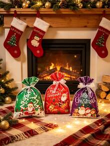 10pcs Christmas Drawstring Gift Bags, Drawstring Closure Design, Convenient For Storing Candies And Small Gifts. Suitable For Christmas Eve Gift Packaging, Can Be Used For Christmas Parties And Home Holiday Decor, Both As Gift Packaging Bags And Christmas Atmosphere Decoration. - Multicolor - View 3