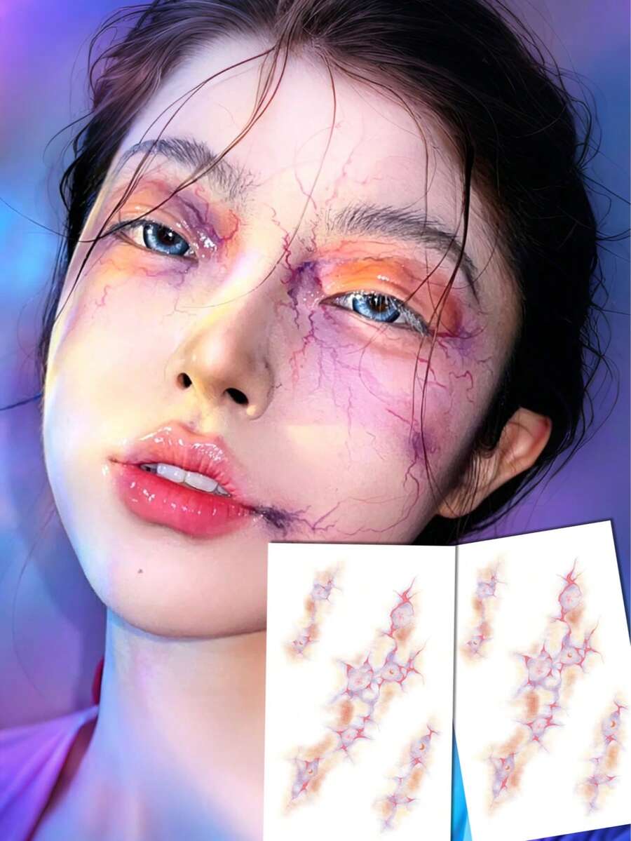 STARTTOOS 2件組萬聖節逼真裂開傷疤瘀青紋路萬聖節彩妝貼紙 萬聖節街頭DIY派對禮物紋身貼紙 防水臉部肩部頸部鎖骨手臂用 - 彩色 - 查看 1