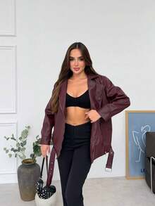 Women's Streetwear Solid Color Leather Short Jacket, Autumn/Winter,Black/Brown/Burgundy Jacket,Winter Jacket For Women - Burgundy - View 11