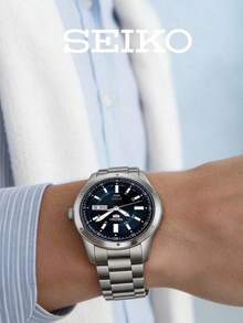 SEIKO 5 Series Mechanical Men's Watch, Stainless Steel Band, Deep Blue Dial, Luminous Hour Markers, Dual Calendar Wristwatch - Silver - View 6