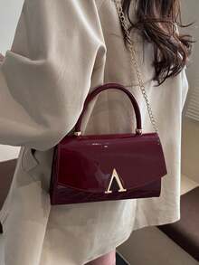 Wine Red Patent Leather Top Handle Bag, Women A‑Shape Metal Buckle Flap Chain Crossbody Shoulder Purse - Burgundy - View 7