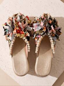 Floral 3D Flower Wedge Mules For Women, Pearl Trim Open Toe Platform Slides - Multicolor - View 3