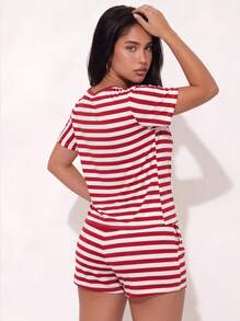 Women's Striped Print Short Sleeve Shorts Pajama Set, Spring/Summer - Red - View 2
