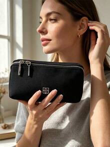 Givenchy Black Canvas Double Zipper Storage Bag, Large Capacity Multifunctional Makeup Bag, Minimalist Portable Pencil Case, Unisex Everyday Carry Organizer, Practical Daily Gift - Black - View 8