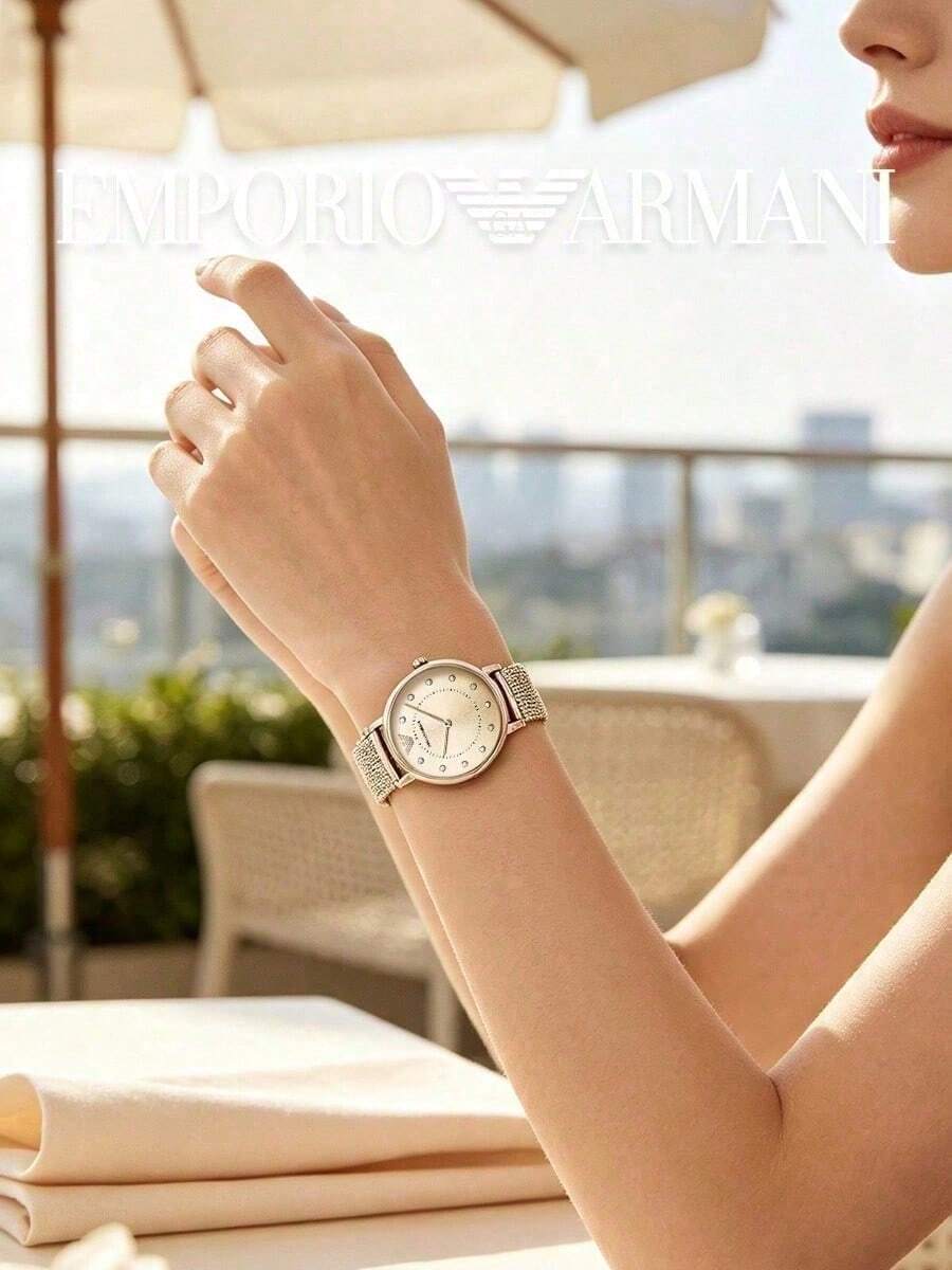 Armani Women's Mesh Strap Watch, Round Slim Dial, Crystal Hour Markers, Warm Tone, Analog Quartz Wristwatch, Suitable For Garden Party, Brunch, Patio, Weekend Wear, Gift For Mom - one-size - View 1