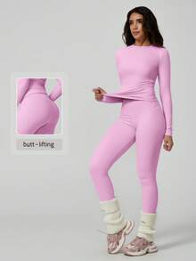NcmRyu 1 Set Pakaian Olahraga Wanita Lengan Panjang & Celana Panjang Ketat Elastis Pembentuk Tubuh Seksi Warna Pink Musim Semi - Berwarna merah muda - View 2