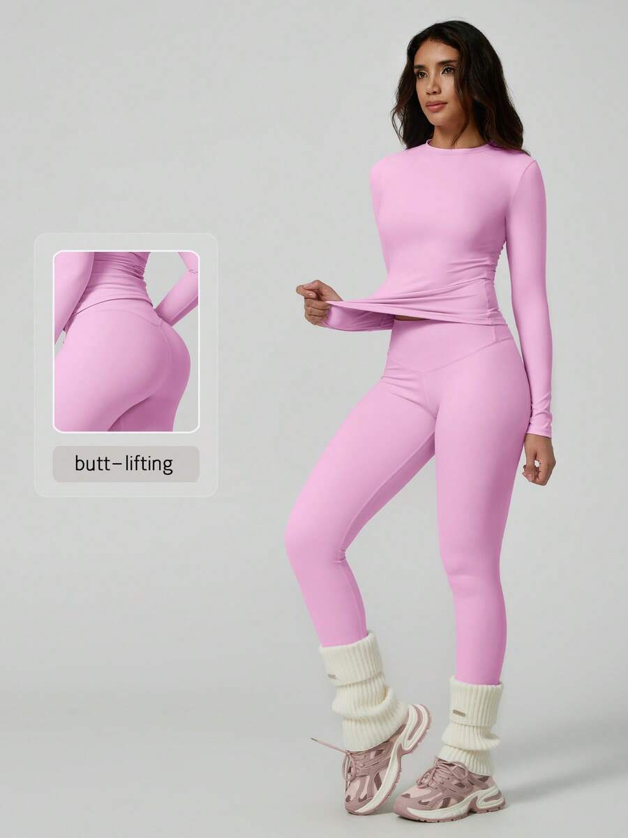 NcmRyu 1 Set Pakaian Olahraga Wanita Lengan Panjang & Celana Panjang Ketat Elastis Pembentuk Tubuh Seksi Warna Pink Musim Semi