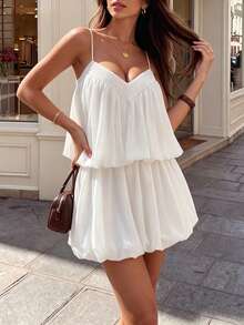 Women Summer Fall White Cami Tiered Mini Dress, V Neck Smocked Ruffle Layered Cake Dress For Vacation Date Music Festival Party Outfits - White - View 9