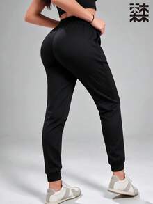 mulinsen Celana Jogger Wanita Pinggang Tinggi dengan Tali Serut dan Lapisan Bulu, Celana Olahraga Kasual Warna Polos dengan Kantong - Hitam - View 4