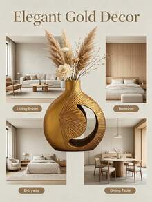 1 Golden Abstract Hollow Resin Vase, Radiating Textured Decorative Vase, Modern Bohemian Tabletop Home Decor, Suitable For Living Room, Hallway, Bedroom, And Dining Room Decoration, Perfect As A Housewarming Gift - Earthy Gold Moon Vase - View 7