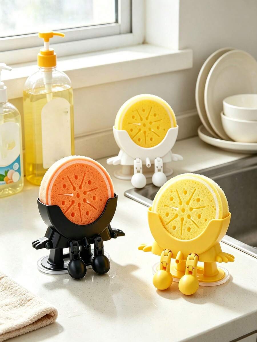 Orange Shaped Dishwashing Brush, Paired With Cute 2-In-1 Drain Rack, 2PCS, Suspended Sponge Rack With Drainage Function, Bathroom And Kitchen Sink Storage Rack, Countertop Decoration, Begin To School, Teacher's Day, Thanksgiving, Christmas Gifts - Multicolor - View 1