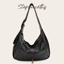 STEPHIECATHY Large Women's Shoulder Wide Woven Bag, PU Leather, Y2K Vintage Distressed Perforated Design, Adjustable Shoulder Strap, Zipper Decor, Pillow Style Bohemian Handbag, Suitable For Daily, Travel, Commute - Multicolor - View 11