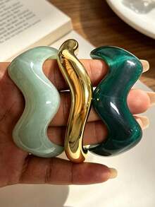 1pc/3pcs Vintage Minimalist Wavy Acrylic & CCB Material Green Open Bangle Bracelet, Suitable For Women Daily Wear, Stackable, Perfect Gift Choice - Green - View 2
