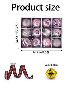 1/6/12/24pcs Pink Christmas Ball Ornament Set With Gold Bells And Plaid Ribbons, Mixed Color Christmas Tree Hanging Balls, DIY Holiday Decoration, Gift Packaging, Home Fireplace And Holiday Party Decor - Multicolor - View 9
