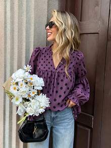 Woman's Purple Minimalist Polka-Dot Shirt Sweater, Featuring Ruffled Details And Lantern Sleeves, Is Suitable For Daily Casual Outings In Autumn. - Purple - View 2