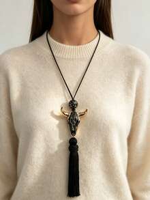 1pc Women's Western Bohemian Style Bull Head Tassel Necklace, Multi-Layer Brown Suede Cord With Gold Beads, Vintage Personalized Accessory - Multicolor - View 16