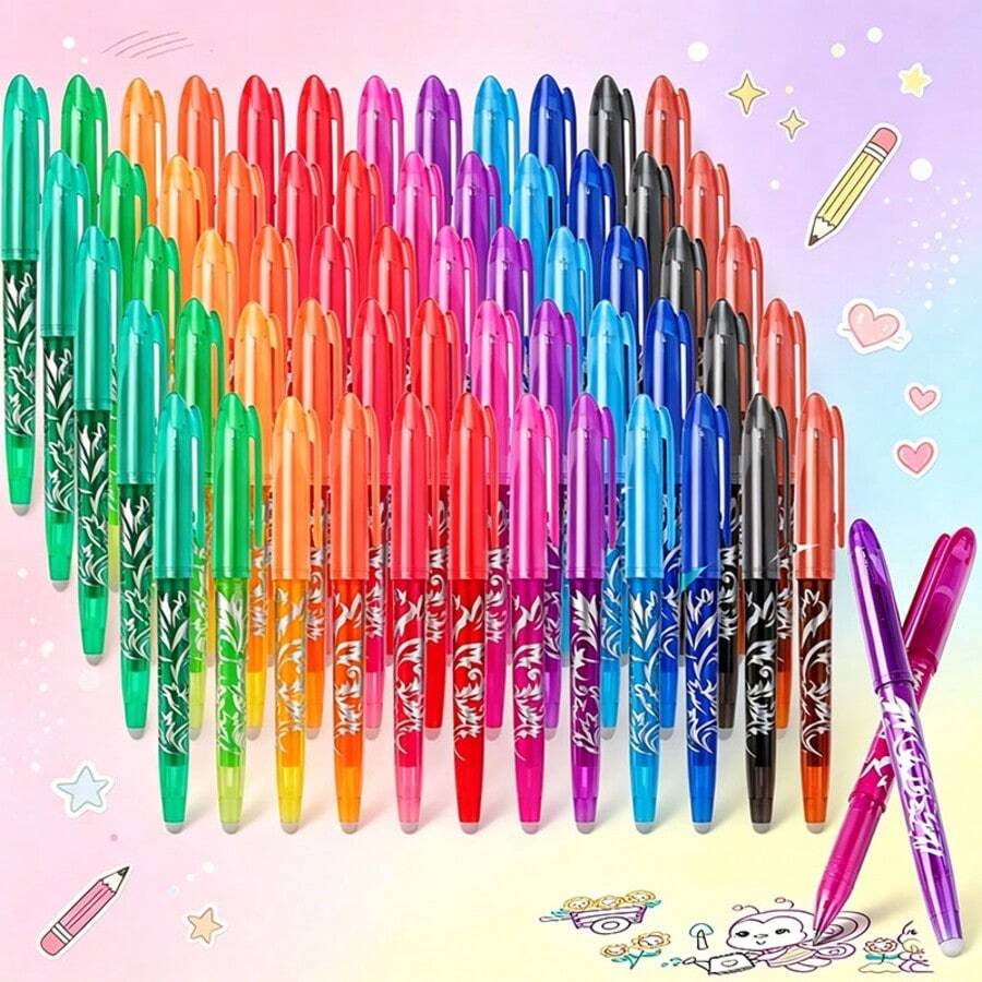 12 Colors Vine Print Erasable Pens, Random 6pcs/12pcs Full Set, 0.5mm Medium Tip, Multi-Color Ink, Smooth Writing, Colorful Highlighting For Note-Taking, Suitable For Marking, Coloring, Drawing, Writing, Drafting And More, Stationery, Halloween, Thanksgiving, Christmas, Birthday And Other Occasions - Round - View 1