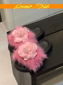 女款 3D 花卉裝飾蓬鬆人造毛厚底拖鞋，露趾厚底防滑戶外涼拖鞋 - 粉色 - 查看 3