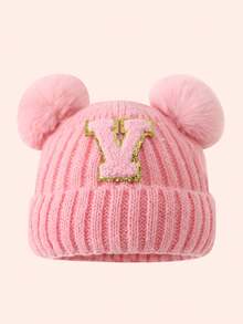 1pc Pink Kids Hat 26 Letters Baby Knitted Cap Boys Girls Warm Beanie Suitable For Outdoor Travel Daily Wear - Pink Gold Logo On Crown - Pink Double Ball Cap - View 35