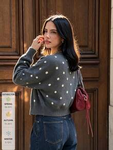 SUNSTORY Autumn Grey Polka Dot Round Neck Short Knit Cardigan, Dropped Shoulder Long Sleeve Single-Breasted Sweater Jacket, Casual Basic Denim Style, Suitable For Commuting, Outings, Daily Wear - Dark Grey - View 4