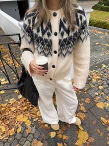 Women's New Autumn/Winter Fashion Vintage Fair Isle Textured Cardigan Sweater Jacket - Off-white - View 1